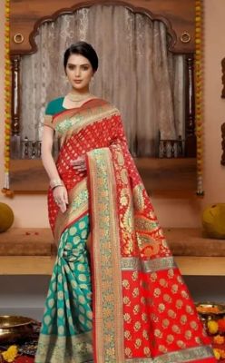 Dark Aquamarine Red Pure Handloom Banarasi Silk Cotton Saree From Banaras