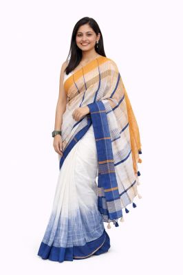 White Blue Mustard Yellow Ikkat Women's Hand Weaving Saree From Bengal