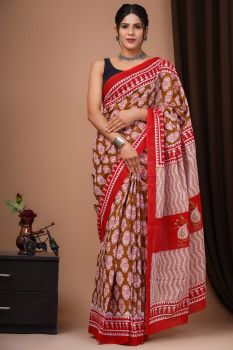 Red Beech Printed Cotton mulmul saree