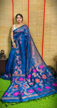 Dark Blue Pure Handloom Organic Linen By Linen Saree From Bengal