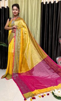 Yellow Pure Handloom Tissue Saree From Bengal