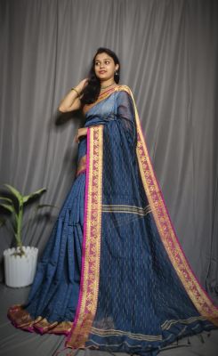 Sea Blue Silk Cotton Handloom Saree From Bengal