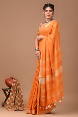 Orange Pure Handloom Linen Cotton Saree From Bengal
