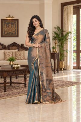 Steel Blue Pure Handloom Tissue Saree From Bengal