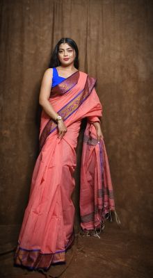 Coral Pure Handloom Cotton Saree From Bengal