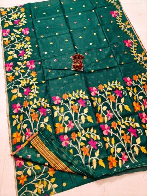 Bottle Green Pure Handloom Muslin Silk Saree From Bengal