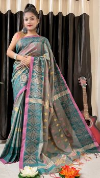 Green Butta Copper Zari work Tissue Saree From Bengal