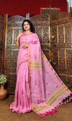Pink Linen By Linen Pure Handloom Saree From Bengal