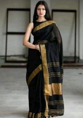 Black Pure Handloom Linen Saree From Bengal