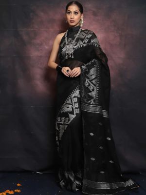 Black Pure Handloom Linen By Linen Saree From Bengal