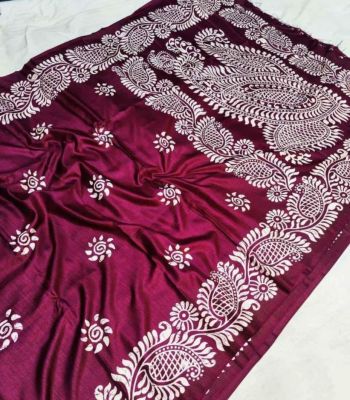 Maroon Pure Handloom Maheshwari Silk Cotton Saree From Bengal