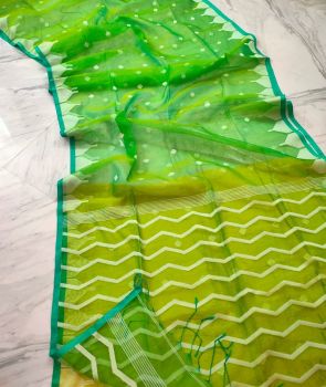 Green Pure Handloom Resham Cotton Saree From Bengal