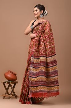 Brown Pure Handloom Linen Cotton Saree From Bihar