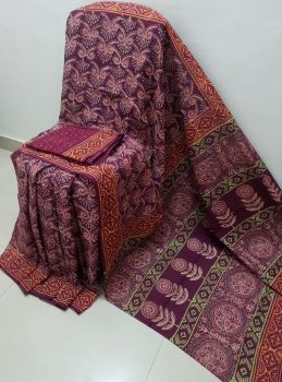 Wine Hand Block Printed Work Saree