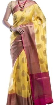 Yellow Maheshwari Silk Cotton Saree From Banarasi