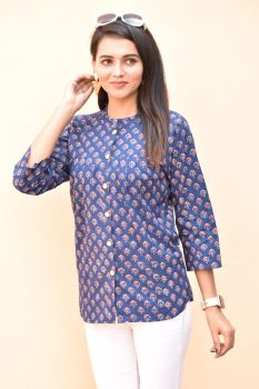 Navy Blue Hand Block Print Cotton Top