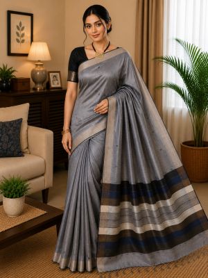 Gray Pure Handloom Dupion Raw Silk Saree From Bhagalpur