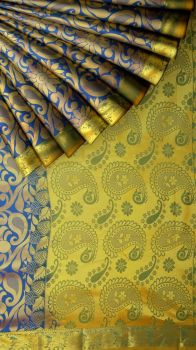 Equal 120 Koligi mustard zari border Kanchipuram silk saree