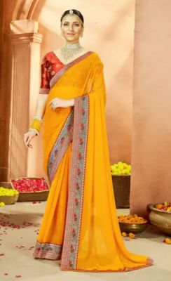 Golden Pure Handloom Georgette Saree From Banaras