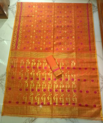 Orange Pure Handloom Dhakai Jamdani Saree From Bengal