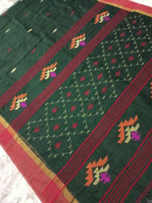 Green Pure Handloom Linen By Linen Saree From Bengal