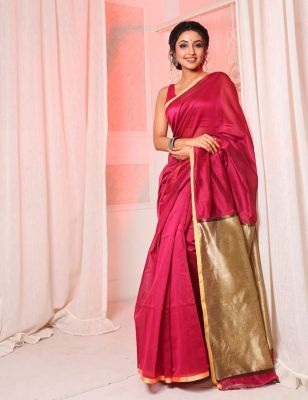 Persian Red Pure Handloom Silk Cotton Saree From Bengal