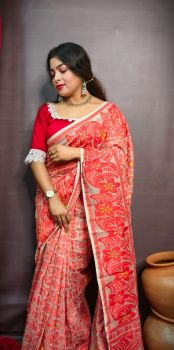 Pink Pure Handloom  Dhakai Jamdani Cotton Saree From Bengal