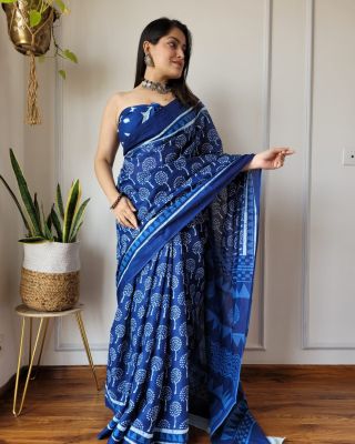 Navy Blue Pure Handloom Mulmul Saree From Bengal