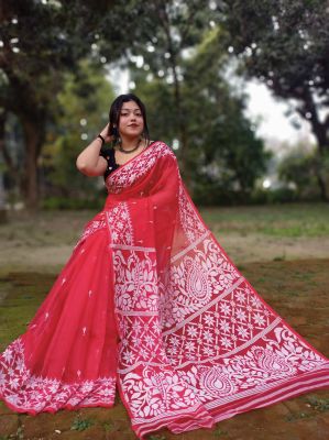 Red Dhakai Jamdani Pure Handloom Cotton Saree From Bengal