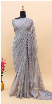 Light Grey Embroidery Diamond Work Satin Saree
