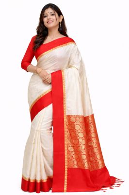 Women's Wear White Red Garad Silk Saree From Bengal