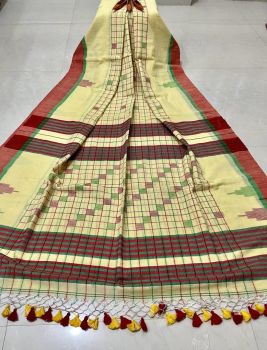 Light Yellow Box Design Pure Handloom Cotton Saree