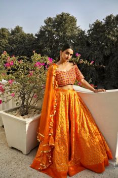 Orange Glitter motif Lehnga Set with Ruffle Dupatta