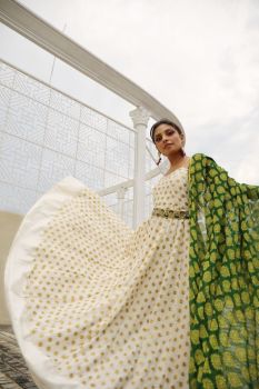 White Anarkali with Green Dupatta