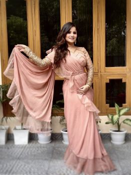 Peach organza ruffle saree