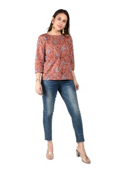 RED FLOWER PRINTED FLARED COTTON TOP