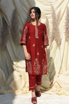Maroon Printed Scalloped Kurta Set