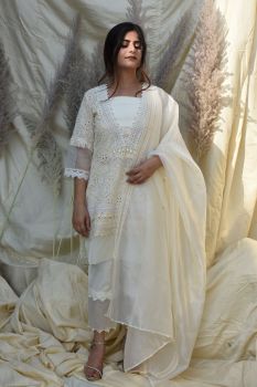 Chikan Cotton Kurta Set With Silk Organza Pants
