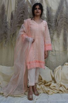 Pink Chikan Kurta Set With Organza Dupatta