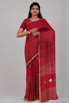 Red Half Check Silk & Cotton Handloom Saree