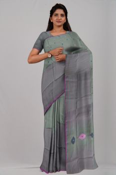 Grey Half Check Silk & Cotton Handloom Saree