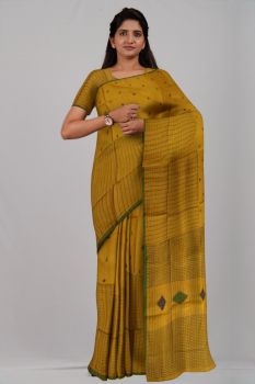 Golden Yellow Half Check Silk & Cotton Handloom Saree