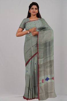 Light Grey Half Check Silk & Cotton Handloom Saree