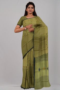 Olive Yellow Half Check Silk & Cotton Handloom Saree
