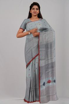 Off White Half Check Silk & Cotton Handloom Saree