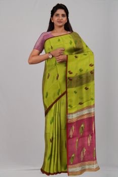 Maroon Yellow Peacock Silk & Cotton Handloom Saree