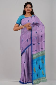 Blue Baby Pink Peacock Silk & Cotton Handloom Saree