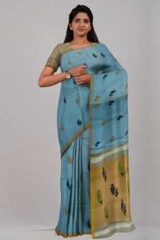 Saffron Yellow Blue Peacock Silk & Cotton Handloom Saree