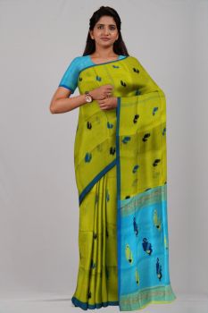 Blue Yellow Peacock Silk & Cotton Handloom Saree