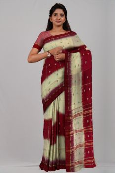 Red Cream Butta Ikkat Silk & Cotton Handloom Saree